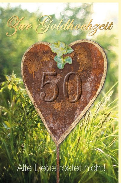 Jubiläumskarte Goldene Hochzeit - 50 Jahre Liebe, Herzdesign in Goldfolie & Rostoptik, Naturwiese Glückwunschkarte