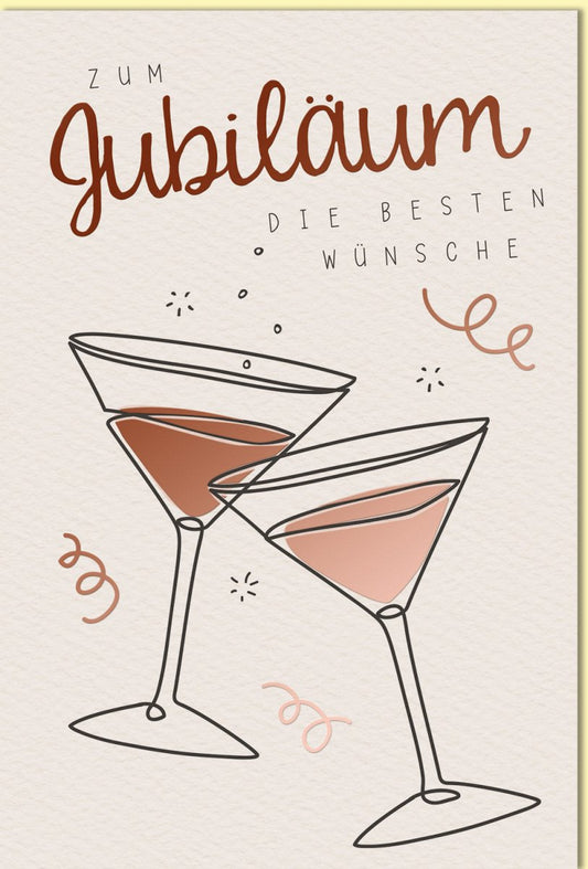 Jubiläumskarte mit Sektgläsern und stilvollem Schriftzug die besten Wünsche edles Design für besondere Anlässe