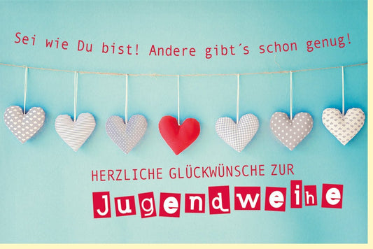 Jugendweihekarte - "Herzlichen Glückwunsch & Sei wie du bist" - Einzigartig, Blau mit Herzen, 210x148mm