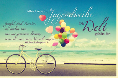 Jugendweihekarte mit Vintage-Fahrrad, bunten Ballons & Meer-Motiv, inspirierender Text inklusive