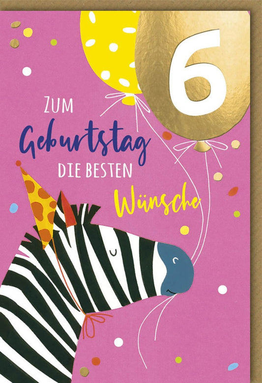 Kindergeburtstagskarte 6 Jahre - Fröhliches Zebra & Luftballons Design, Bunte Glückwünsche von Galerie Dominique