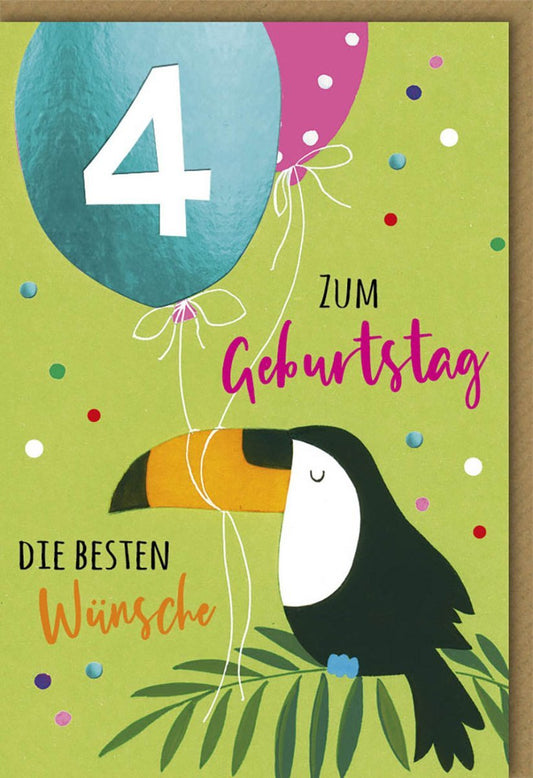 Kindergeburtstagskarte - Bunte Glückwunschkarte zum 4. Geburtstag mit Papagei und Luftballons von Galerie Dominique Verlag