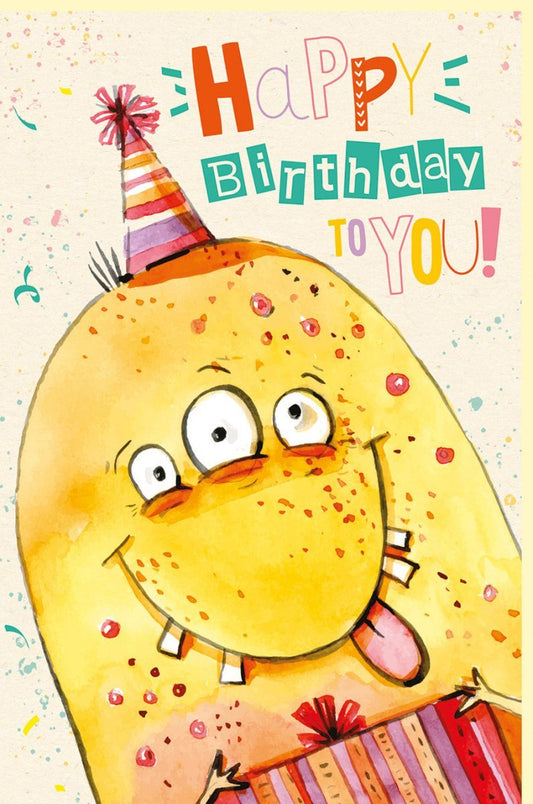 Kindergeburtstagskarte - Bunte Happy Birthday Karte aus Zuckerrohrpapier mit Partyhut & Konfetti, Fröhlich für Jungen & Mädchen - Gelb