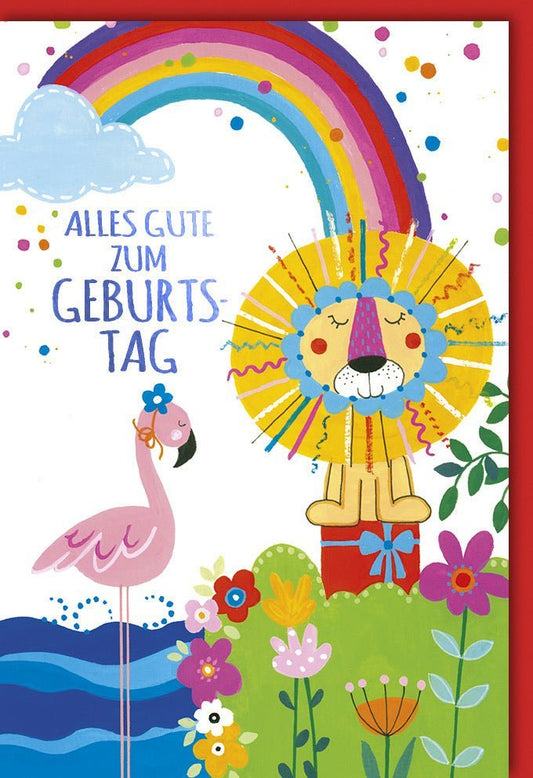 Kindergeburtstagskarte: Bunter Löwe mit Regenbogen, Vogel und Blumen in Cartoon - Stil