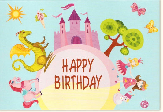 Kindergeburtstagskarte - Fantasievolle Märchenkarte mit Drache, Schloss & Eiscreme für bunte Feierlichkeiten