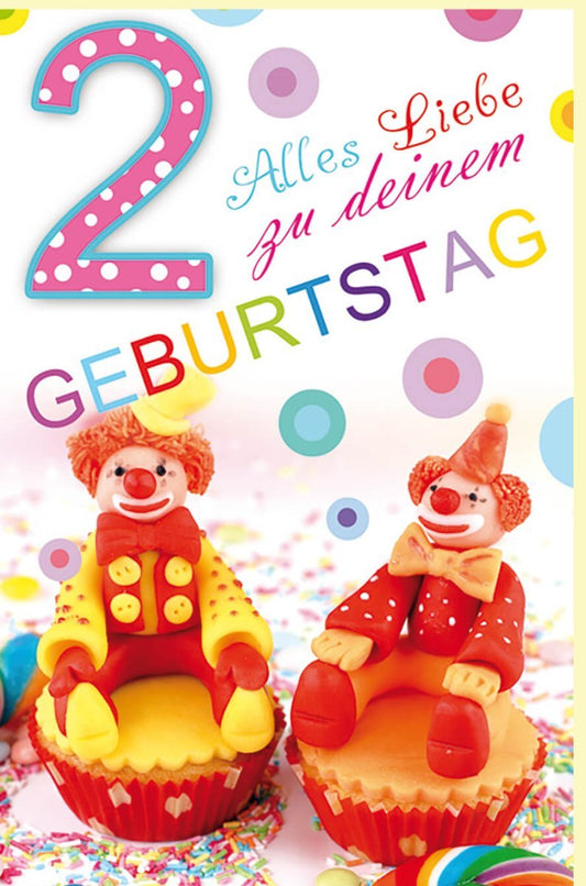 Kindergeburtstagskarte - Fröhliche 2. Geburtstagsgrüße mit buntem Clown & Muffins Motiv