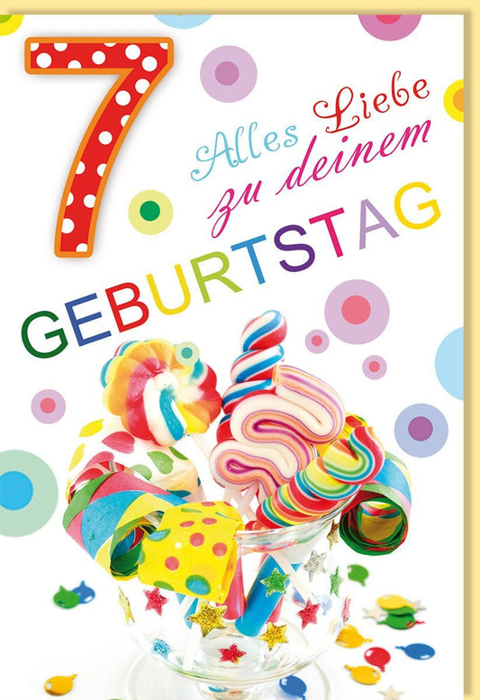 Kindergeburtstagskarte - Fröhliche 7. Einladung mit Süßigkeiten, Papiertröten & Konfetti für Mädchen und Jungen