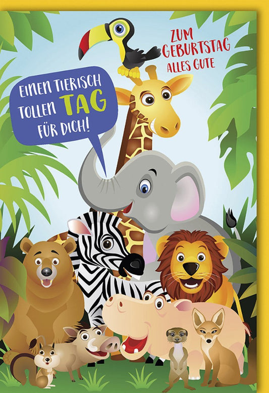 Kindergeburtstagskarte - Fröhliche Dschungeltiere mit Elefant, Giraffe und Löwe, Bunte Cartoon - Illustration
