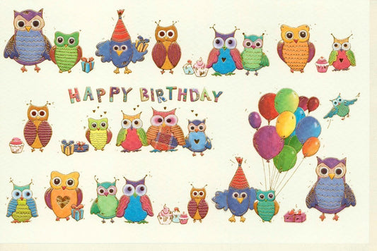 Kindergeburtstagskarte: Fröhliche Eulen - Party mit Luftballons & Geschenken - Tiermotiv Glückwunschkarte