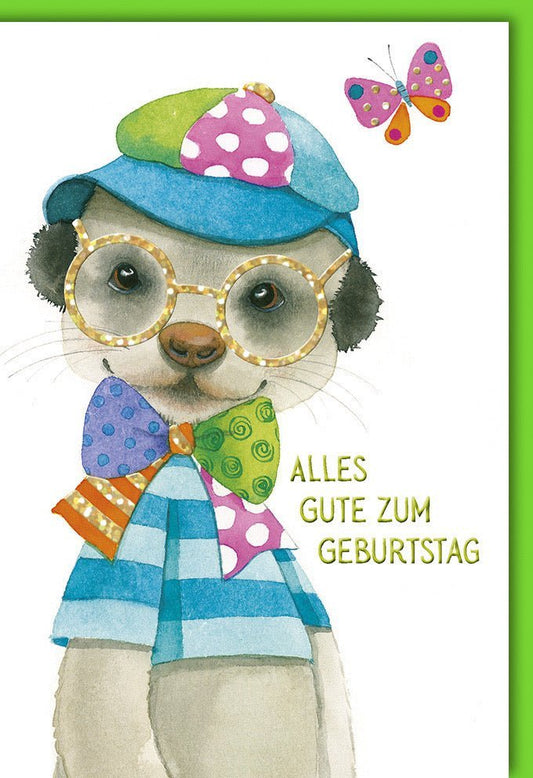 Kindergeburtstagskarte - Fröhliche Hund & Schmetterling Illustration, Bunte Karte mit Hut und Brille