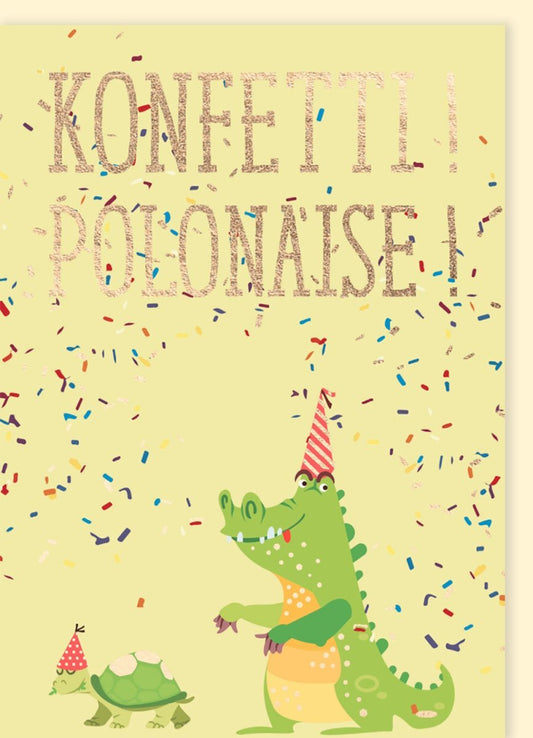 Kindergeburtstagskarte - Fröhliche Konfetti - Parade mit Krokodil & Schildkröte, Lustige Partyillustration