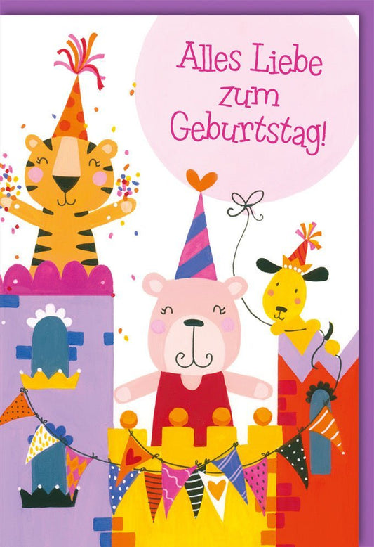 Kindergeburtstagskarte - Fröhliche Tiermotive mit Luftballons & Geschenken für eine unvergessliche Feier