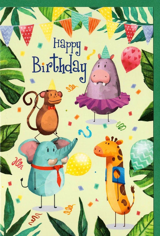 Kindergeburtstagskarte – Fröhliche Tierparade mit Elefant, Giraffe & Co. für bunte Feiern