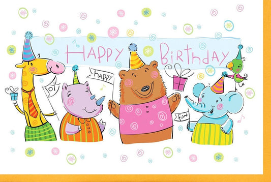 Kindergeburtstagskarte - Fröhliche Tierparty mit Hüten, Geschenken & Luftballons