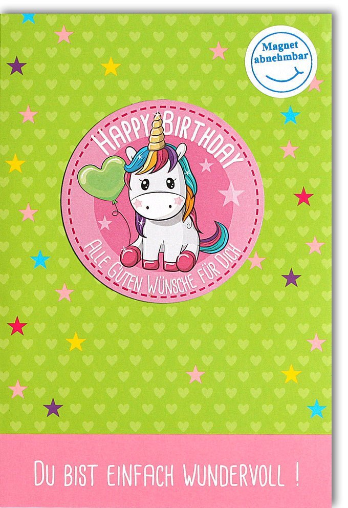 Kindergeburtstagskarte - Magisches Einhorn mit Glitzersternen, Bunter Magnet, Fröhlich & Mädchenhaft für Partyspaß
