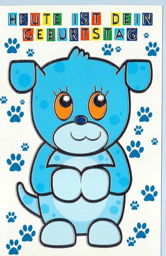 Kindergeburtstagskarte mit blauem Hundemotiv für fröhliche Geburtstagswünsche