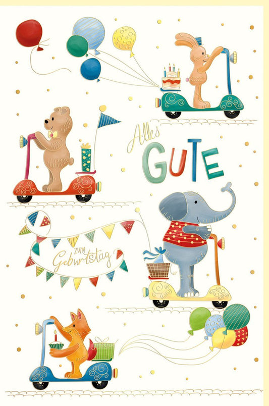 Kindergeburtstagskarte mit Goldfolie & Prägung - Bunte Tiermotive, Ballons & Geschenke, Elefant, Bär & Fuchs auf Scooter, Girlande & Wimpelkette
