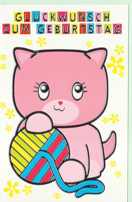 Kindergeburtstagskarte mit niedlicher Katze und Wollknäuel - Design
