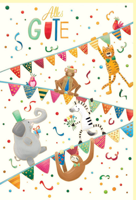 Kindergeburtstagskarte mit Tiermotiven & Wimpelkette - Naturkarton, Goldfolie, Blindprägung, bunte Partykarte mit Elefant, Zebra & Co.