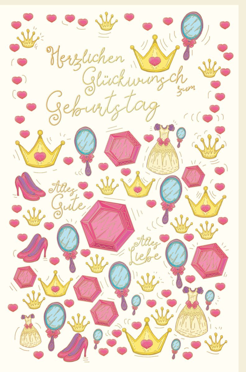 Kindergeburtstagskarte: Prinzessin mit Krone, Zauberstab & Glitzerherzen in Rosa Gold für eine zauberhafte Feier