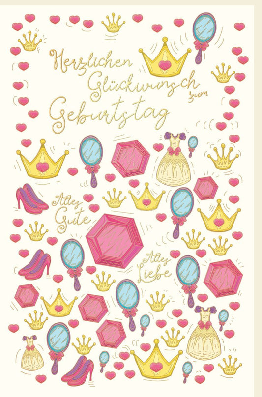 Kindergeburtstagskarte: Prinzessin mit Krone, Zauberstab & Glitzerherzen in Rosa Gold für eine zauberhafte Feier