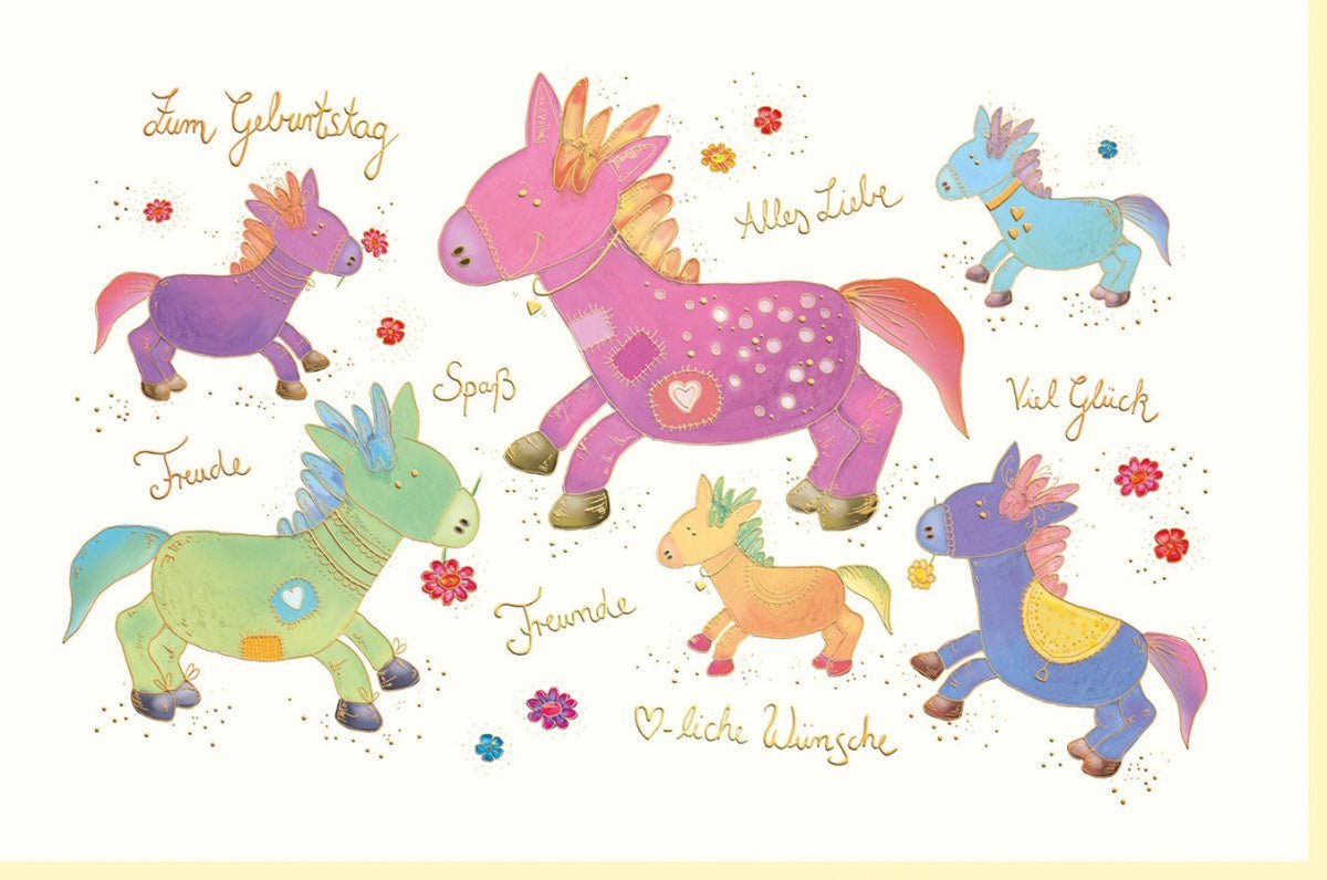 Kindergeburtstagskarte - Skorpion & Pferde auf Naturkarton mit Goldfolie und PrÀgung, Bunte Einladung zur Feier