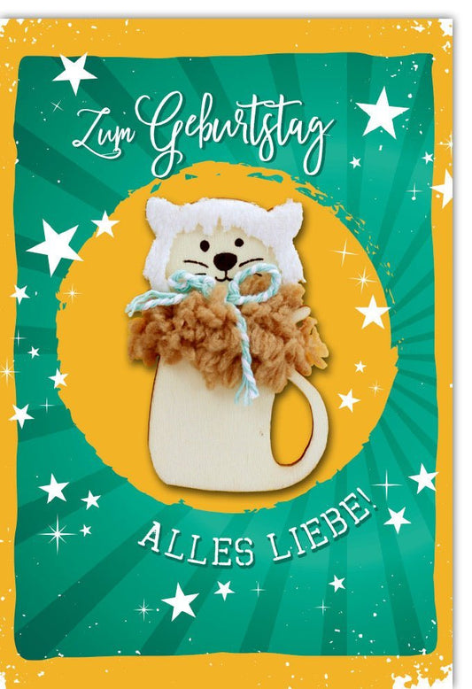 Kindergeburtstagskarte - Süßer Löwe mit Sternen & Konfetti in Grün/Gelb - Tierisches Geburtstagsmotiv