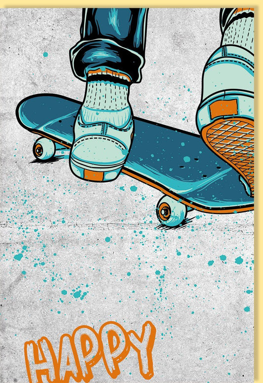 Kindergeburtstagskarte - Trendiges Skateboard - Design für Jungen, Happy Birthday Einladung, Blau - Orange Illustration, Moderner Spaß & Freude