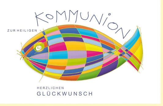 Kommunion Glückwunschkarte - Buntes Fisch - Design auf Naturkarton, Perfekt für religiöse Feiern, Ideal für Kinder & Familie, Gelb