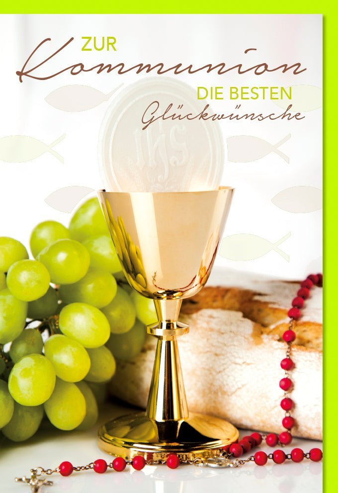 Kommunion Glückwunschkarte – Christliche Karte mit Kelch, Trauben & Brot, Verziert mit Perlen und Fischen, Erinnerung an das Sakrament