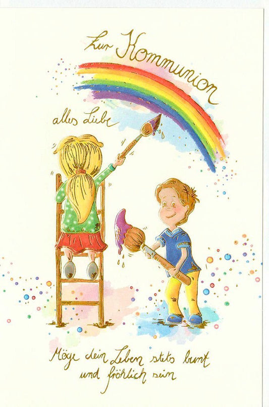 Kommunion Glückwunschkarte Regenbogenmotiv für Kinder mit Pinseloptik