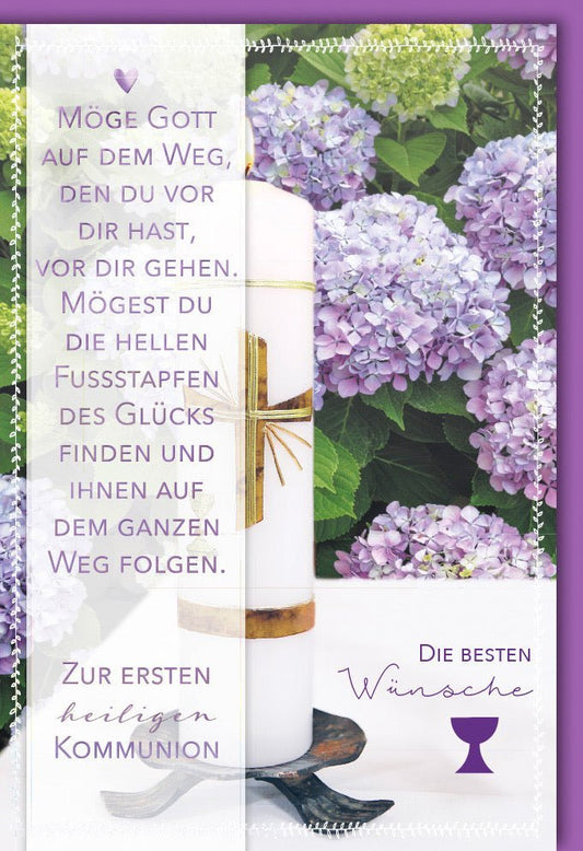 Kommunionkarte für Kinder - Lila Blumen & Kreuz mit Segensspruch, Gottesweg Motiv - Elegante Karte für Eltern & Familie