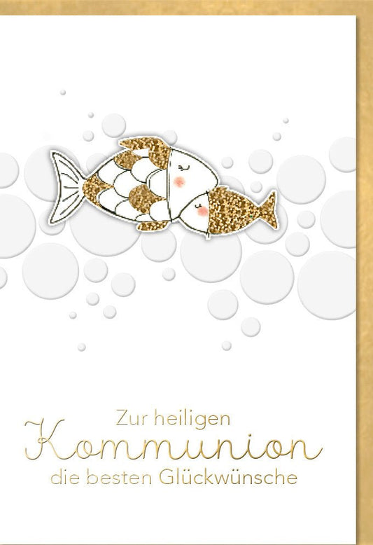 Kommunionkarte mit Fischmotiv - Elegante Karte mit Prägung & Applikation, Naturkarton in Beige & Gold für Kinder und Familie