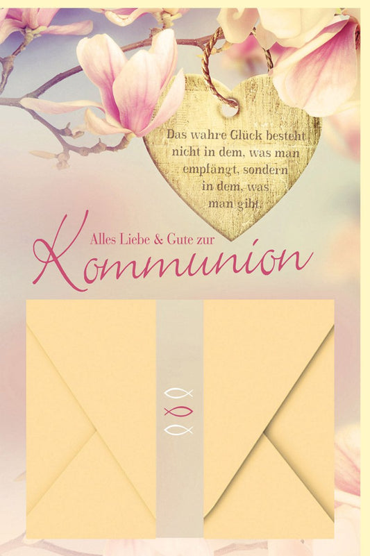 Kommunionkarte mit Geldfach - Herz & Blumen Design, Herzlicher Spruch zur Feier des Sakraments