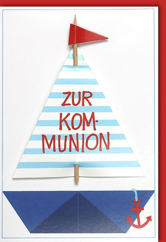 Kommunionkarte mit Segelboot - Maritime Grüße zur Erstkommunion, Blau Weiß Rot, Geschenk für Jungen & Mädchen