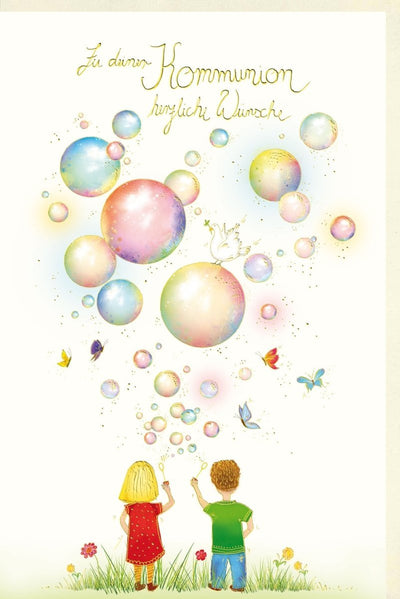Kommunionsgrußkarte mit Seifenblasen-Design - Feier des Sakraments & kirchliche Festlichkeit