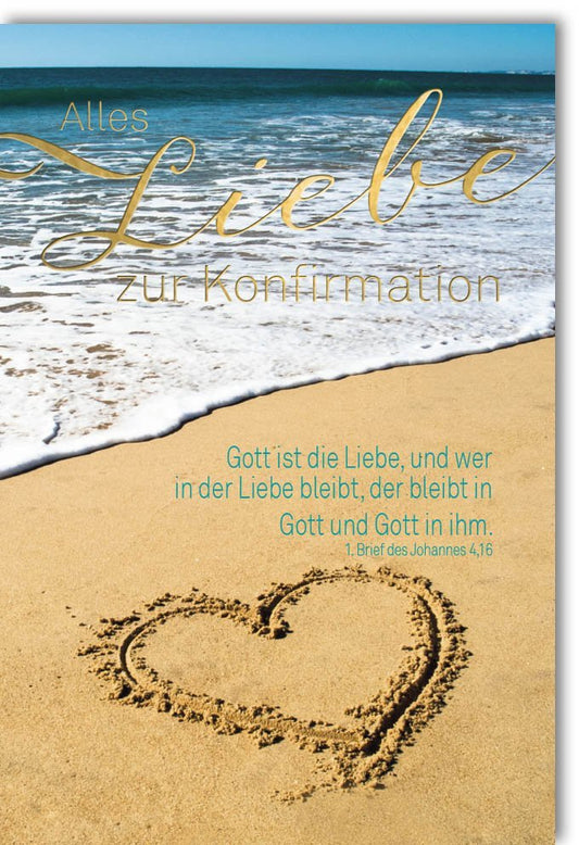 Konfirmationskarte Strandmotiv - Herz im Sand, Bibelvers, Christliche Feier für Teenager, Liebe & Spiritualität