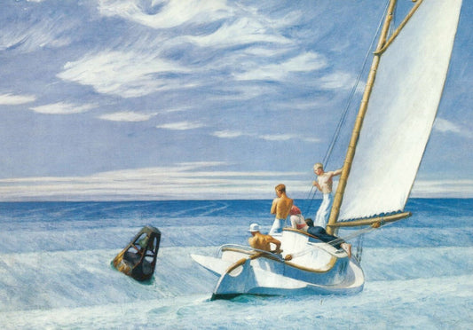 Kunst - Postkarte: Edward Hopper Segelboot | Vintage Meer & Segeln für Sammler | Nostalgische Dekoration in Blau - Weiß | Ruhe im Retro Realismus - Blankopostkarten