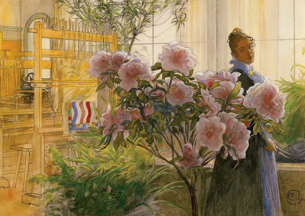 Kunstpostkarte Carl Larsson Azalea – Vintage Illustration einer Frau mit Pflanzen, Schwedische Aquarell - Deko für Sammler