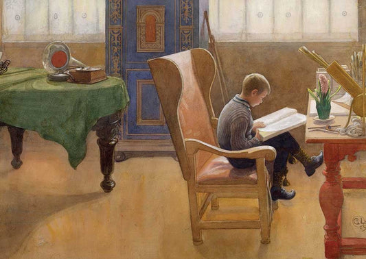 Kunstpostkarte Carl Larsson - Schwedische Klassik, Lesen im Lehnstuhl, Vintage Interieur für Kinderzimmer & Entspannung
