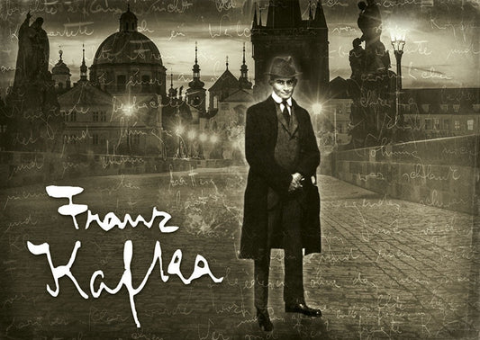 Kunstpostkarte - Franz Kafka, Prager Ikone, Vintage Sepia Collage, Schriftsteller & Stadtnacht Lichter