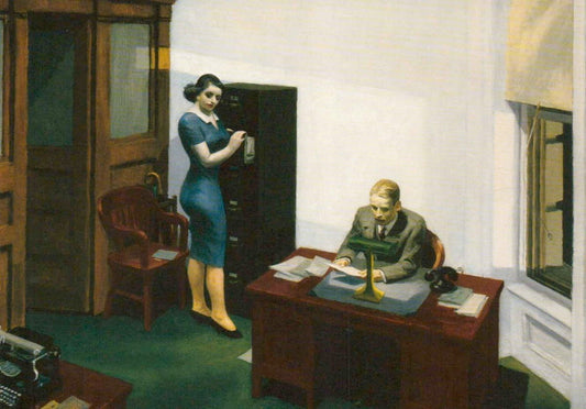 Kunstpostkarte für Kunstliebhaber - Edward Hopper Büro Nacht, Vintage 1940er, Klassische Szene mit Sekretärin & Schreibmaschine, Licht & Schatten, Blanko