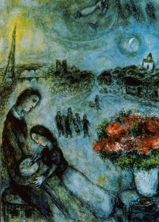 Kunstpostkarte für Verliebte - Marc Chagall: Frischvermählte vor Pariser Kulisse