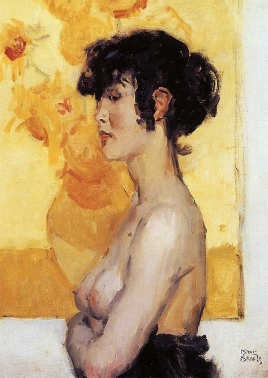 Kunstpostkarte - Isaac Israels, Frau mit Sonnenblumen im Van Gogh Stil, Vintage Sammlerstück für Kunstliebhaber, Museum Qualität Porträt