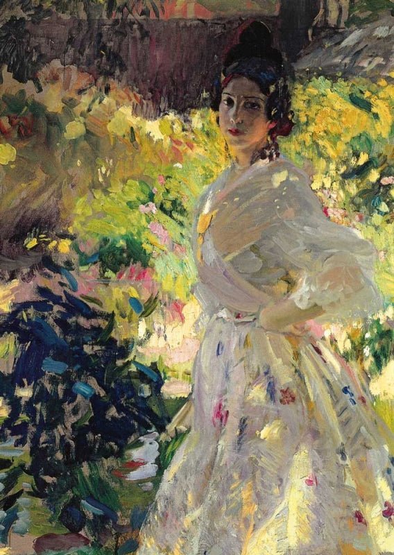 Kunstpostkarte - Joaquin Sorolla, Impressionismus, Elegante Frau im Blumenkleid, Farbenfrohes Lichtspiel, Vintage - Stil Sammlerstück, Dekoratives Geschenk