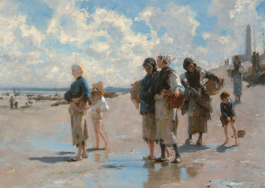 Kunstpostkarte - John Singer Sargent "Austernsammler in Cancale", Impressionistische Strandmalerei mit Figuren, Meer und Himmel