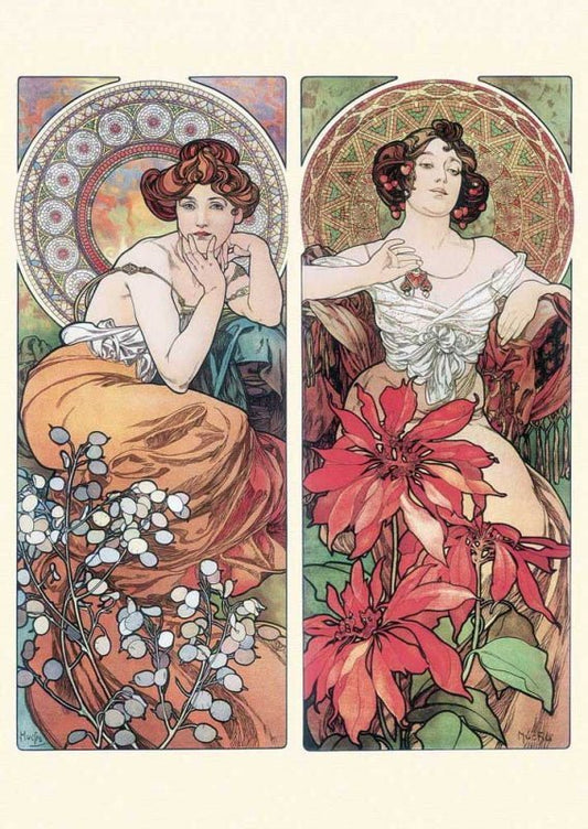 Kunstpostkarte Jugendstil - Alphonse Mucha mit Frauen & Blumen, Elegante Vintage Deko - Sammelobjekt mit Ornamenten