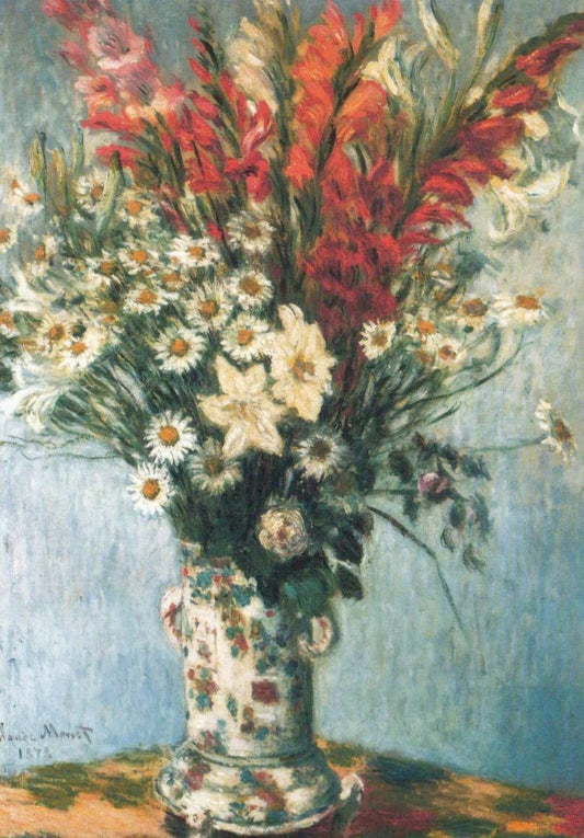 Kunstpostkarte Monet "Blumenstrauß mit Gladiolen und Lilien" - Farbenfrohe Impressionismus Blankopostkarte, Vintage Dekoration, Sammlerstück