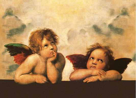 Kunstpostkarte: Raffaels Sistine Madonna mit Engel Putten - Antikes Gemälde, Cherubim Motiv, Klassische Deko & Sammlerstück