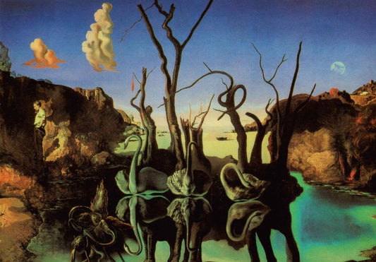 Kunstpostkarte Salvador Dali 1937 - Elefanten und Schwäne im Spiegelbild